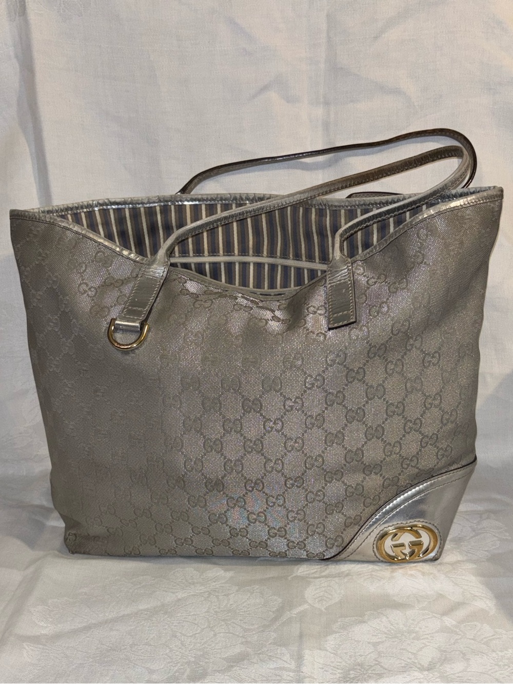 GUCCI GG Canvas Tote Bag Silver Authentic